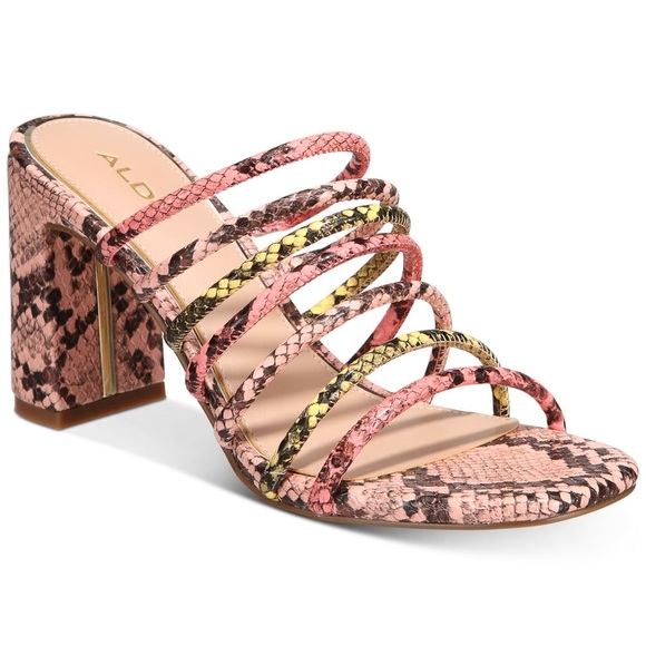 Aldo Pink Snake Print Strappy Trelidda Square Toe Slip On Sandals heels - Picture 1 of 11